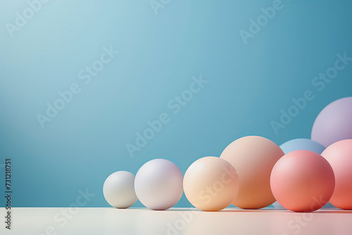 small and large balls of delicate shades on a light blue background stand on the side. a place for text or advertising.
