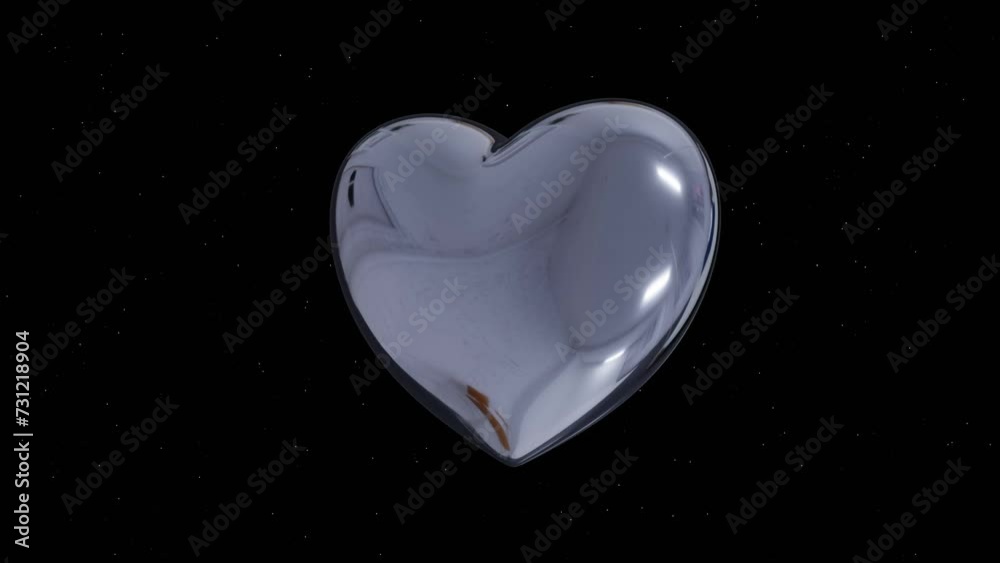 3d Silver metal heart on black background isolated. Romantic Symbol of Love Valentines Day celebration card chrome. Animation 30fps 4k loop seamless