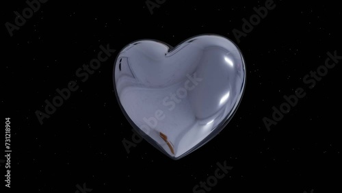 3d Silver metal heart on black background isolated. Romantic Symbol of Love Valentines Day celebration card chrome. Animation 30fps 4k loop seamless