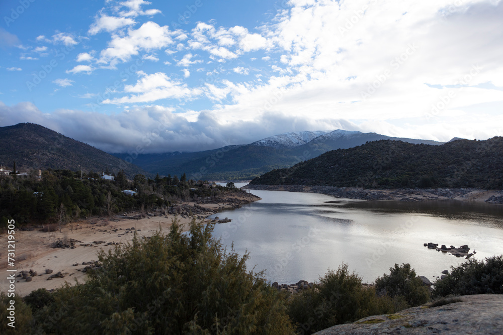 Spain landscape with lake on a cloudy spring day