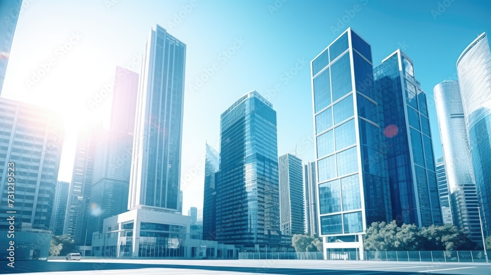 Fototapeta premium Modern business office skyscrapers. High-rise buildings with blue sky. bright and clean high tech office background