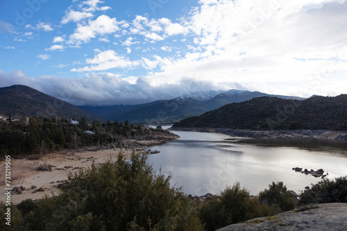 Spain landscape with lake on a cloudy spring day