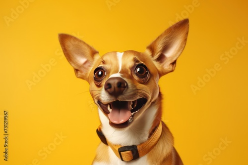 Cute brown mixed breed dog in an isolated studio on a yellow background © Nico