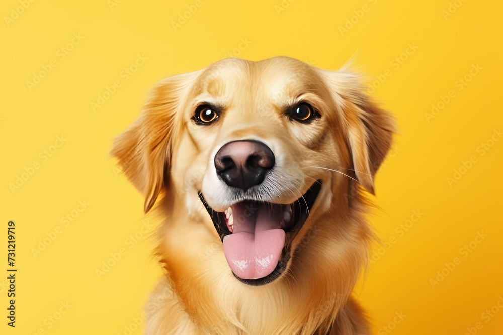Cute brown mixed breed dog in an isolated studio on a yellow background