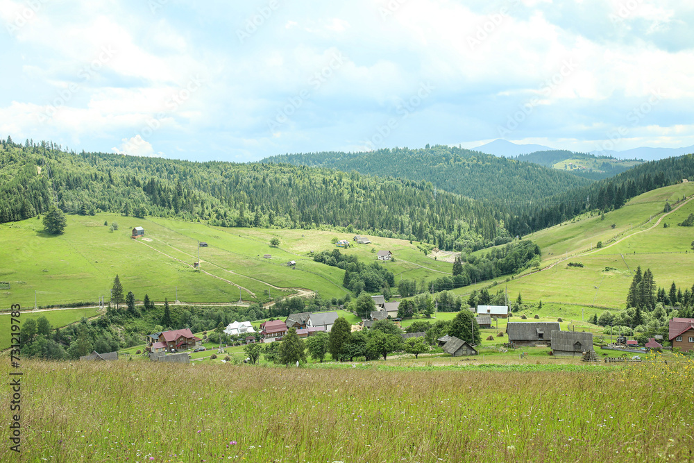 View of beautiful mountain village in Carpathians, Ukraine