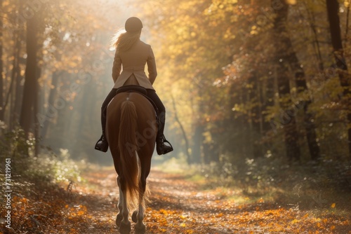 Graceful Woman Horseback Riding In Sunlit Autumn Woodland