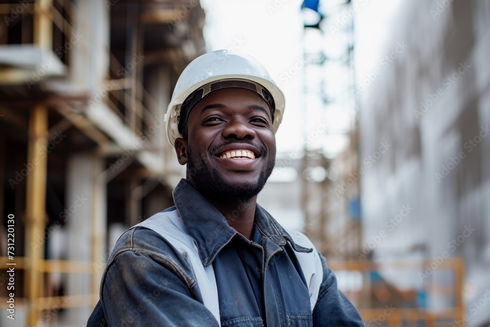 Ebullient African American Construction Worker Radiating Happiness In The Construction Site Ebullient African American Construction Worker Radiating Happiness In The Construction Site