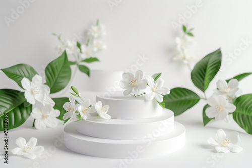 Elegant White Podium Featuring Fragrant Jasmine  Ideal For Showcasing Your Products