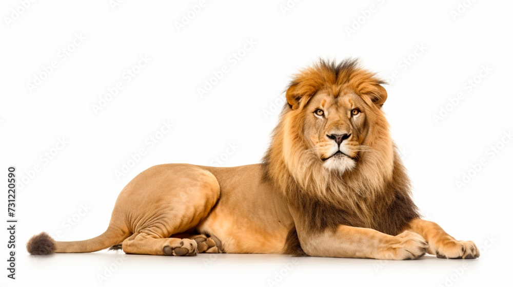 Lion laying down on white surface with white background. 