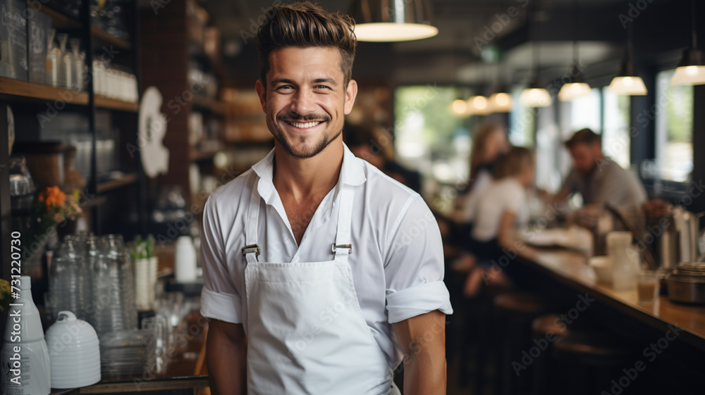 Young smiling male barista standing at bar in coffee shop.

 - obrazy, fototapety, plakaty 