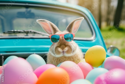 Playful Easter Bunny Wearing Shades Peeks Out Of Eggfilled Car On Holiday