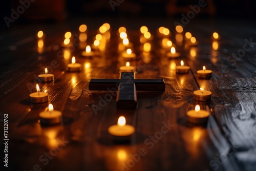 Religious Cross Adorned By Candles Rests On Wooden Floor, Ready For Prayer © Anastasiia