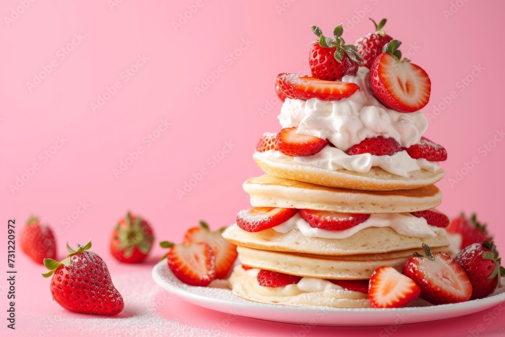 Fluffy Pancakes With Fresh Strawberries And Whipped Cream On A Pink Background