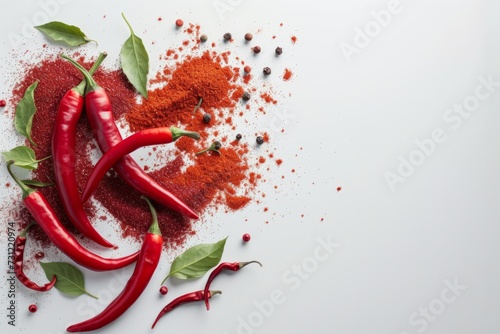 Vibrant Red Peppers And Powder Captured On A White Background For Artistic Inspiration