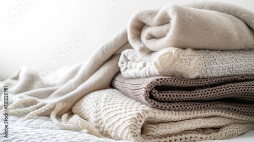 Fresh Comfort - New soft folded blankets stack on a clean white background