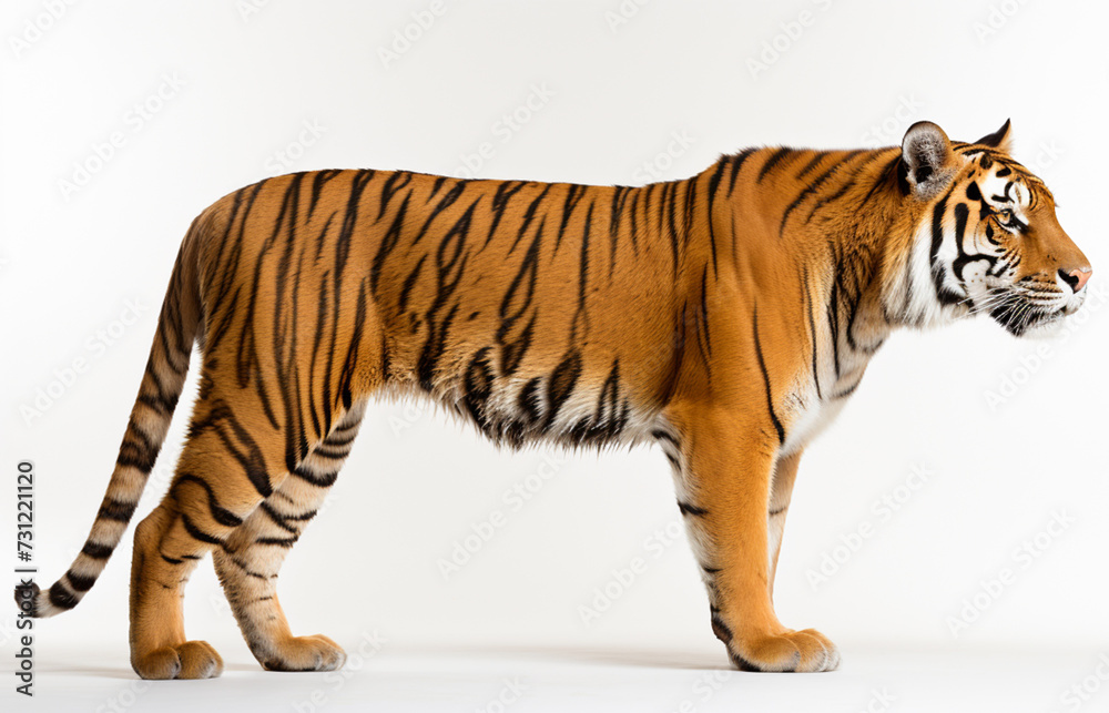 Obraz premium Side view of a tiger standing, isolated on white background.