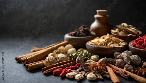 Traditional Chinese herbal medicine assortment: vibrant array of dried herbs and roots in wooden bowls, symbolizing holistic healing and natural remedies