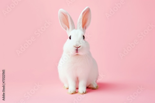 Adorable White Rabbit With A Surprised Expression On A Pink Background © Anastasiia