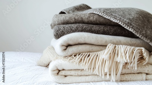 Fresh Comfort - New soft folded blankets stack on a clean white background