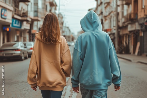 Two Teenagers Wearing Blank Hoodies Walk Together In The City Street Ideal For Hoodie Design Display © Anastasiia