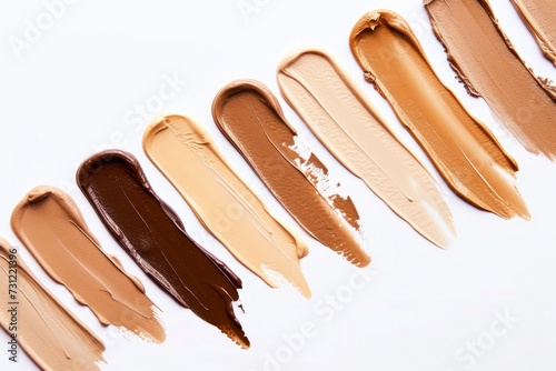 Assortment Of Liquid Foundation Samples Displayed On A White Background, Top View