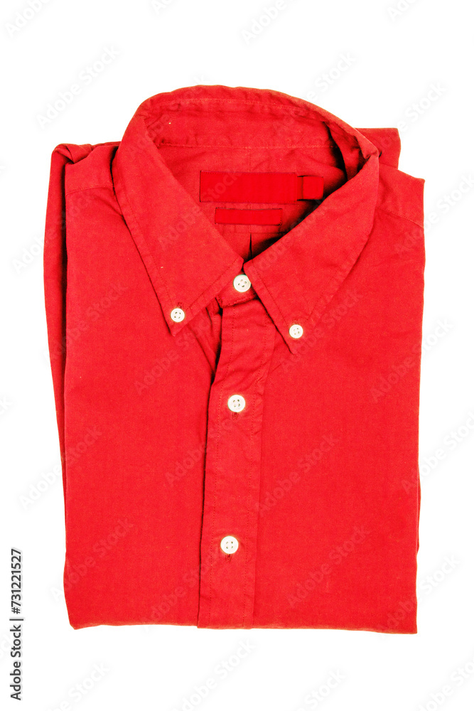 Folded clothes. Close-up of a new red business shirt isolated on a white background. Mens shirt. Clipping path. Summer fashion. Background texture with space. Folded clothes. Close-up of a new red business shirt isolated on a white background. Mens shirt. Clipping path. Summer fashion. Background texture with space.
