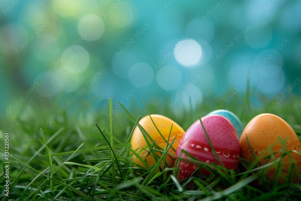 Joyful Easter Eggs Gently Placed In Green Grass Amidst Festive Scene