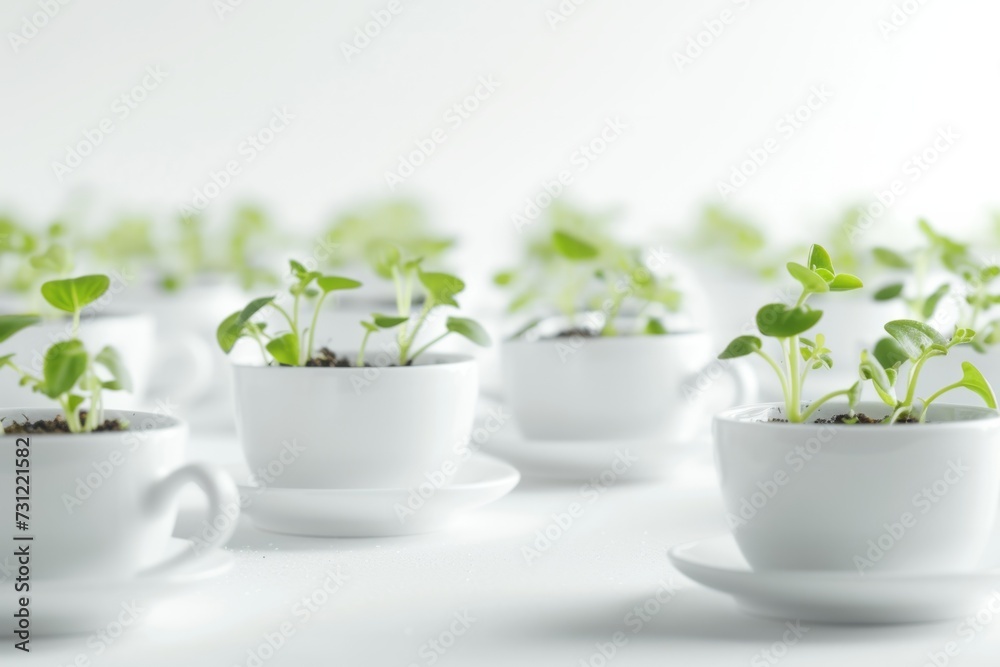 Nurturing The Growth Of Lush Green Seedlings In White Saucers And Cups Nurturing The Growth Of Lush Green Seedlings In White Saucers And Cups