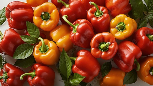 Pile of colorful bell peppers on white table for a vegetable theme background, top view.