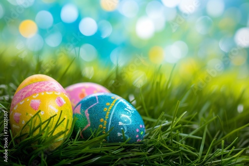 Brightly-Colored Easter Eggs Resting Amongst Lush Grass Against A Festive Background