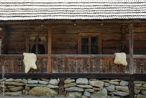 Porch of old wooden house in mountain village