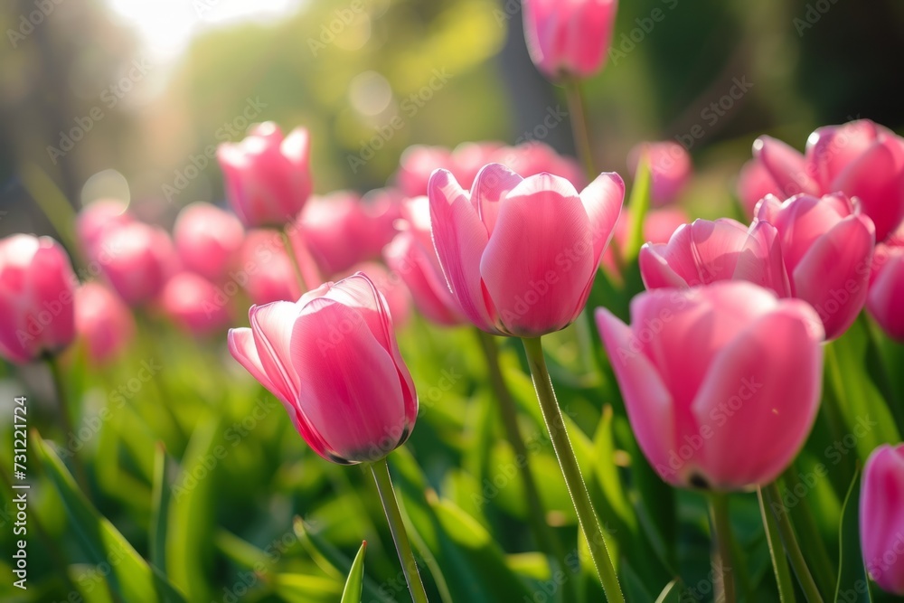 Charming Spring Scene: Vibrant Pink Tulips Blossom Serenely In The Sundrenched Park