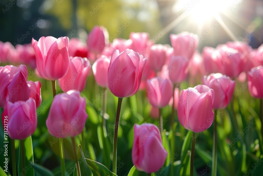 Splendid Pink Tulips Flourish Peacefully In The Sunlit Park In Spring