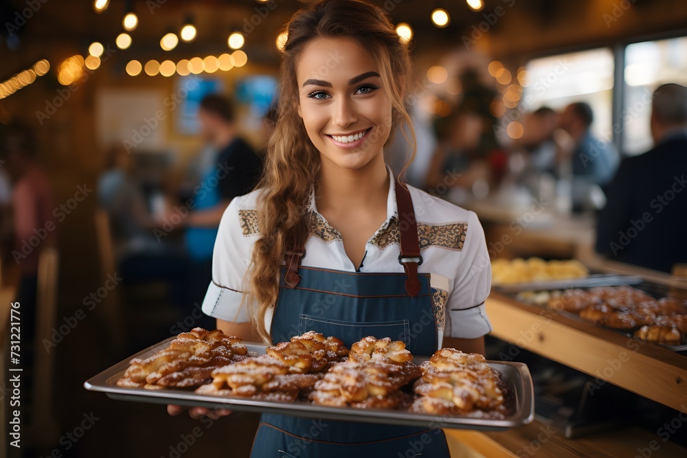 Fototapeta premium Portrait of smiling young woman holding tray with freshly baked cookies. Positive salesgirl at the fairgrounds