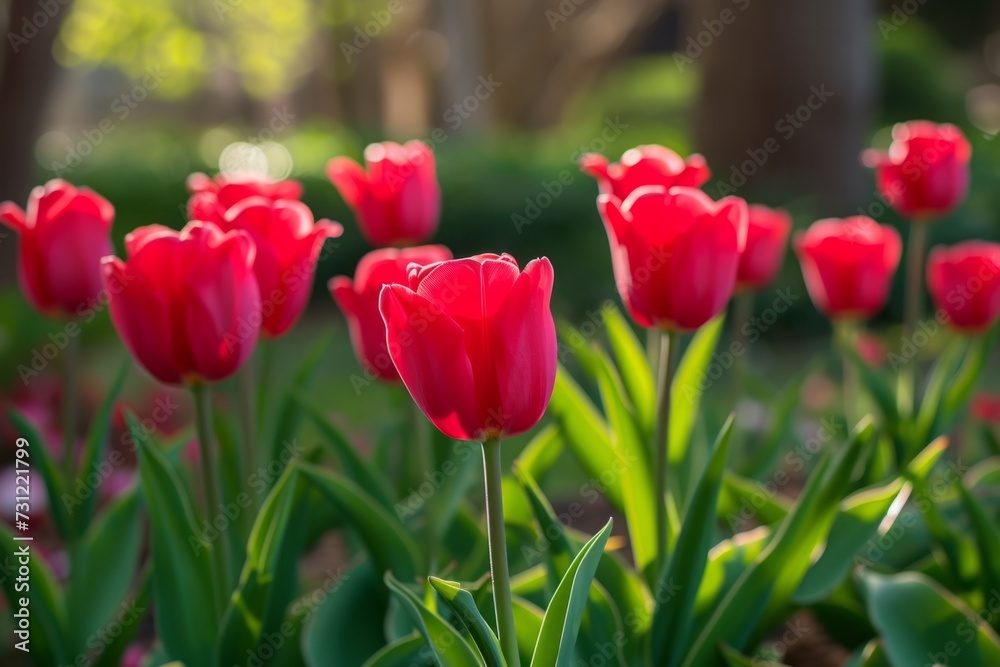 Fototapeta premium Vibrant Red Tulips Bloom Gracefully In Lush Garden Setting