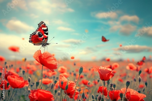 Vibrant Red Poppy Field With Graceful Butterfly Against Brilliant Sky © Anastasiia