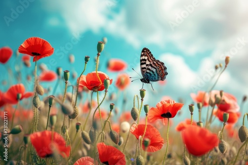 Stunning Scene: Butterfly Dances Amidst A Vibrant Red Poppy Field Against A Brilliant Sky © Anastasiia