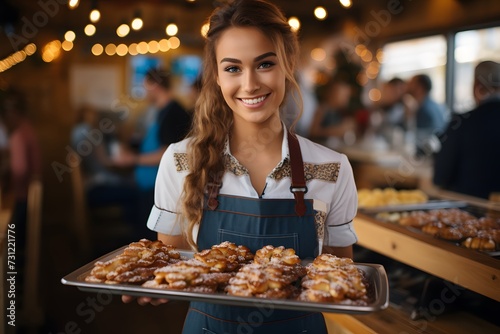 Portrait of smiling young woman holding tray with freshly baked cookies. Positive salesgirl at the fairgrounds photo