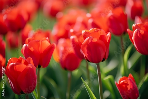 Intimate Close-Up Of Lively Red Tulips Blooming In Field