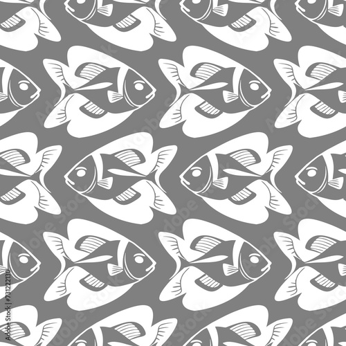 simple seamless pattern of white graphic fish on a gray background, texture, design