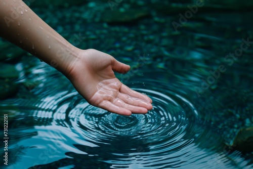 Womans Hand Gently Releases Cool Water Into Tranquil Lake, Creating Ripples © Anastasiia