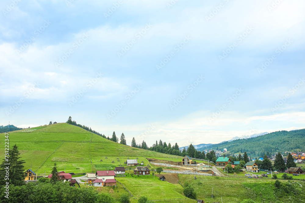 View of village in Carpathian Mountains, Ukraine