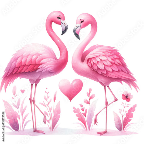 Romantic Pink Flamingos with Heart and Flowers © Thitiporn