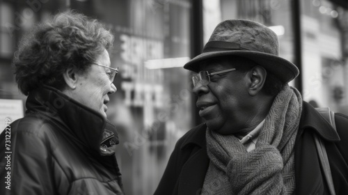 Two individuals in a deep and engrossing conversation on a city sidewalk, captured in a close view.