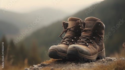 Pair of sturdy hiking boots on a rocky mountain trail