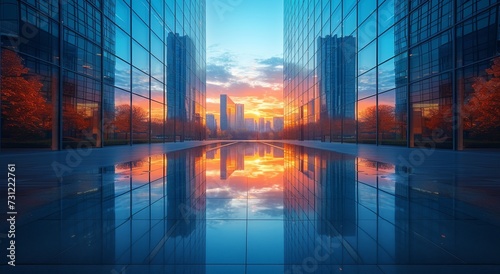 A bustling metropolis shimmers in the tranquil embrace of a mirrored pond  its towering structures reaching for the painted skies of dawn or dusk
