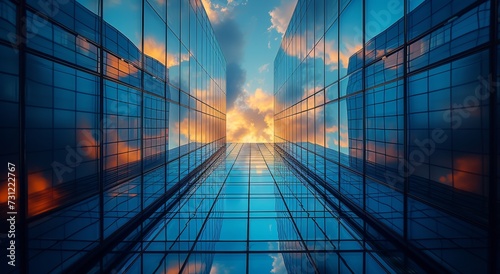Amidst a sea of blue sky and billowing clouds  the towering building gleams with reflected light through its sleek glass windows  beckoning one s gaze upwards