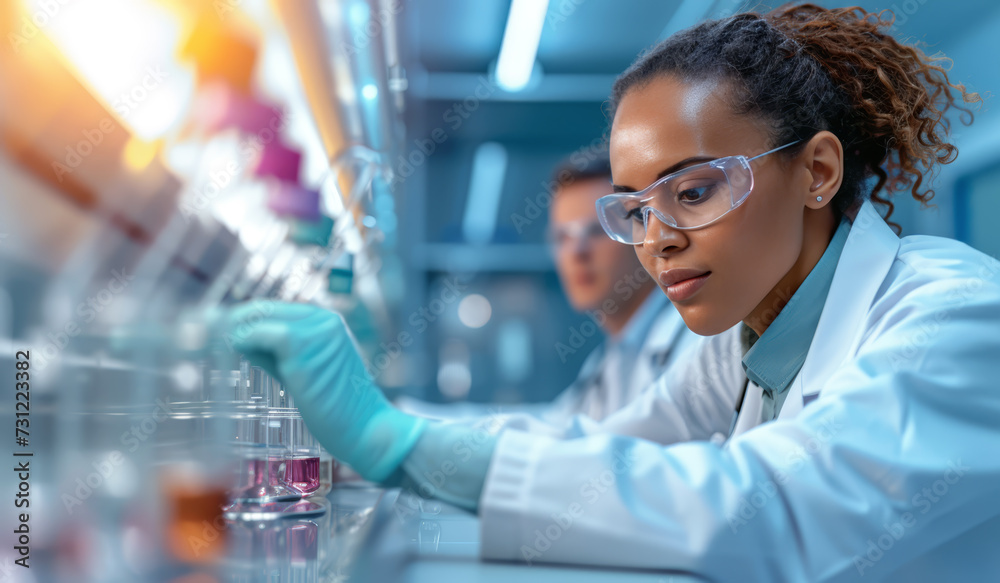 Concentrated scientists working together, analyzing samples in a state-of-the-art laboratory environment. Scientist Conducting Research in Modern Laboratory, copyspace for text Concentrated scientists working together, analyzing samples in a state-of-the-art laboratory environment. Scientist Conducting Research in Modern Laboratory, copyspace for text