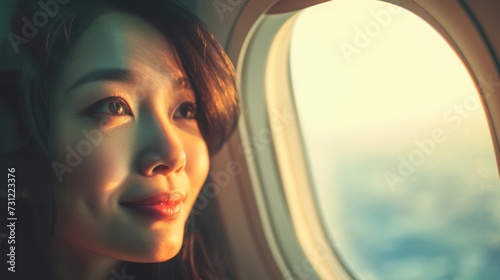 Asian woman on a flight, enjoying a pleasant journey, smooth journey, air travel © Yash