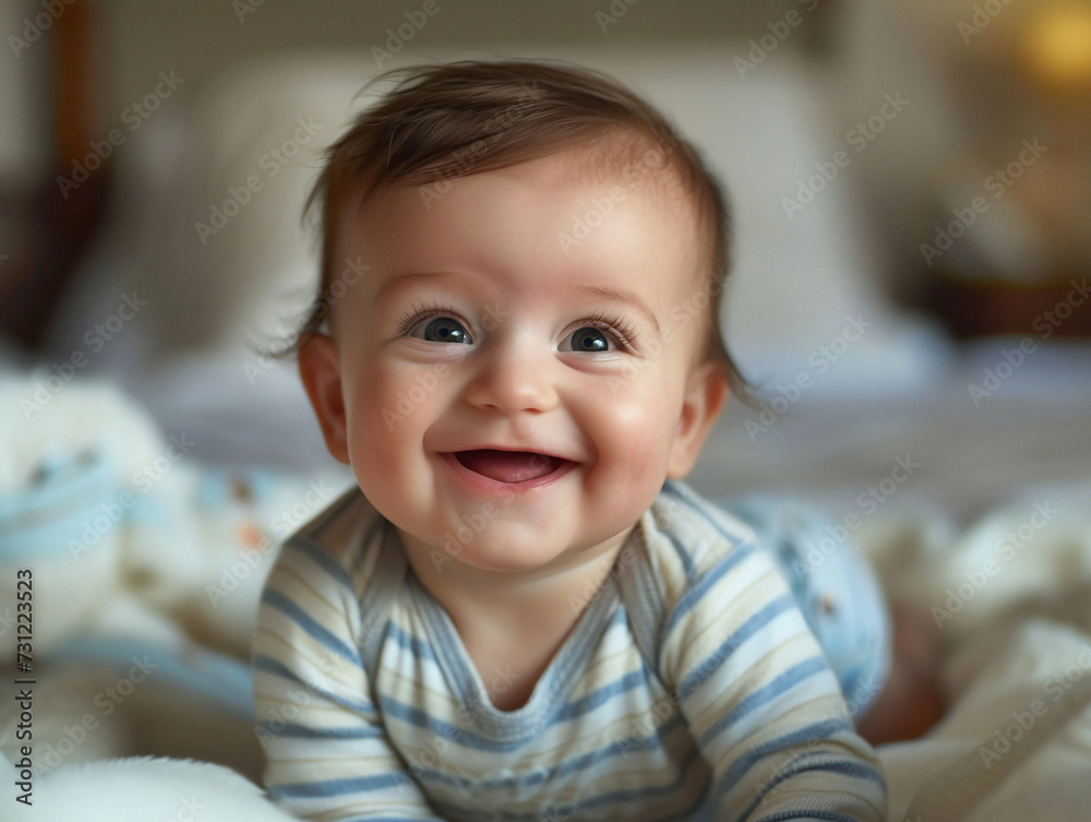 Portrait of a smiling baby boy on the bed at home.